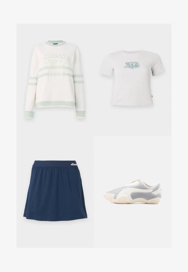 Weißer, gerippter Sweatshirt mit hellgrünen Akzenten. Verfügt über einen Rundhalsausschnitt, lange Ärmel und ein zentriertes Logo mit horizontalen Streifen.; Kurzes, weißes, geripptes T-Shirt mit kurzen Ärmeln und einem kleinen grünen Blumenmotiv in der Mitte der Brust.; Marineblaue, weiche Stoff-Skort mit elastischem Bund. Verfügt über ein gerafftes Design und ein kleines Logo am Bund.; Sport Schuh aus hellgrauem Wildleder mit weißen Lederakzenten. Merkmale eine strukturierte Sohle mit kleinen Stollen für besseren Halt. Slip-On-Design.
