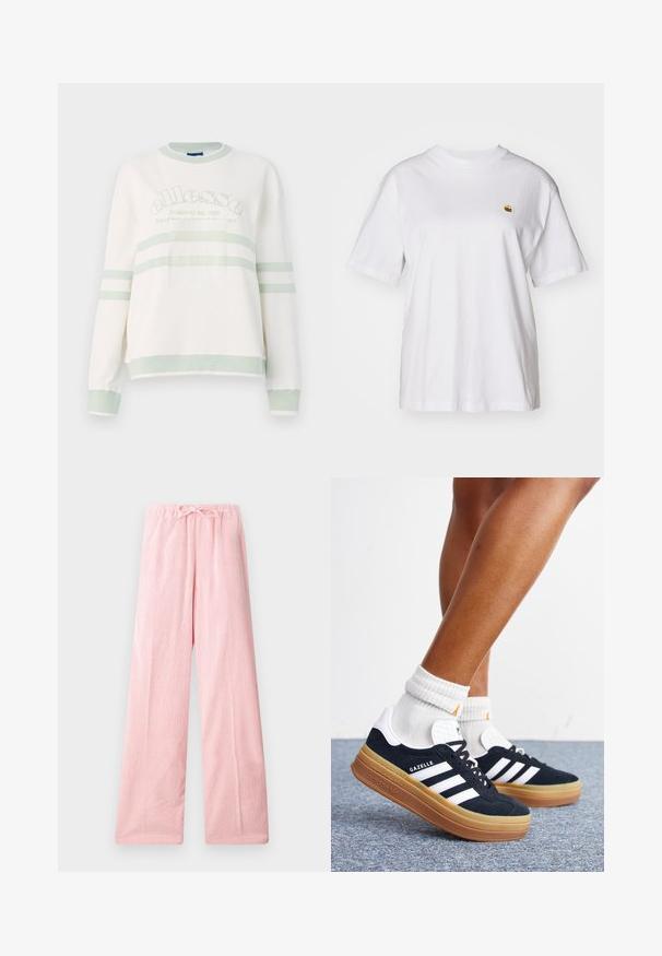 Sweatshirt blanc à côtes avec des accents vert clair. Il possède un col rond, des manches longues et un logo centré avec des rayures horizontales.; T-shirt en coton blanc avec une coupe décontractée, des manches courtes et un petit logo brodé sur la poitrine gauche.; Pantalons large rose clair en tissu doux, dotés d'une taille élastique avec cordon de serrage pour un ajustement réglable et une texture subtile.; Jambes portant des chaussettes blanches et des baskets Adidas Gazelle noires avec des bandes blanches et des semelles épaisses marron sur un sol recouvert de moquette grise.