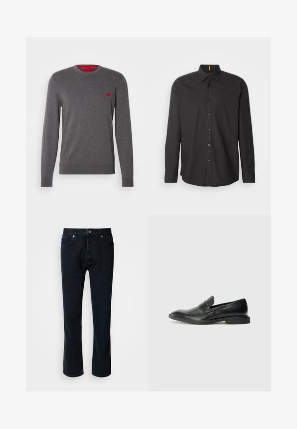 Pull col ras du cou gris en tissu doux, doté d'un petit patch logo rouge sur la poitrine, avec des poignets et un ourlet côtelés pour un look ajusté.; Chemise noire à manches longues en tissu léger. Elle dispose d'un col boutonné, de boutons à l'avant et d'un logo brodé sur la poitrine.; HUGO JONAH - Jean droit - dark blue; Mocassins en cuir noir avec une texture lisse, un nez pointu et un petit talon rectangulaire. Présente un détail de bande horizontale sur le dessus.