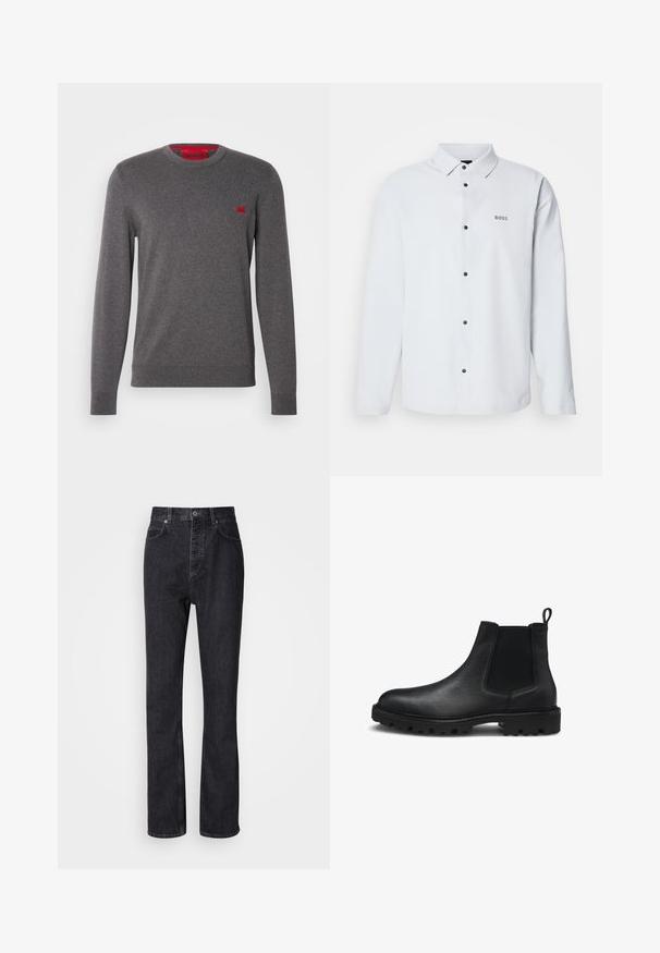 Pull col ras du cou gris en tissu doux, doté d'un petit patch logo rouge sur la poitrine, avec des poignets et un ourlet côtelés pour un look ajusté.; Chemise blanche à manches longues, boutonnée, avec des boutons noirs et un col, présentant un petit logo "BOSS" sur la poitrine gauche.; Jean en denim noir taille haute avec fermeture à bouton et à glissière, poches avant et arrière, et coupe droite.; Bottine Chelsea en cuir noir avec panneaux élastiques sur les côtés, une surface texturée et une semelle robuste avec des crampons marqués. Design léger.