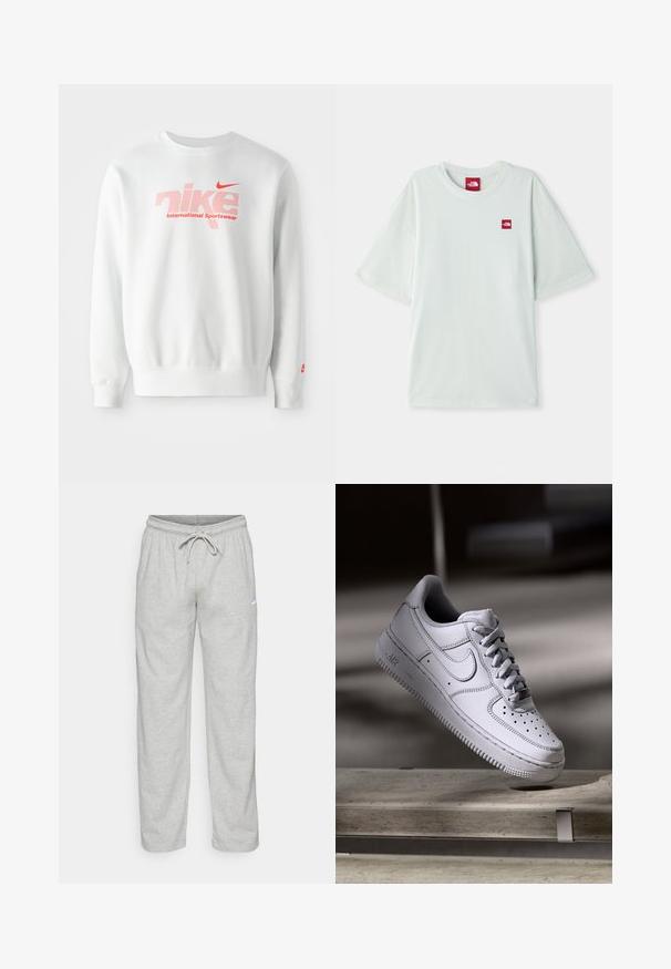 Hvid sweatshirt lavet af bomuldsblanding. Har et stort 'nike' logo i rødt med prikmønster og teksten 'International Sportswear' nedenfor. Rød Nike swoosh på ærmet.; Lysegrøn kortærmet t-shirt lavet af blød bomuld, med et lille rødt logo på venstre brystområde. Løs pasform og rund halsudskæring.; Lys grå sweatpants lavet af blødt stof. Har en elastisk talje med snøre og Nike-logo i sort på venstre lår.; Hvid læder Nike Air Force 1 sneaker med perforeret tå, flade snørebånd og tekstureret gummisål med "AIR" branding på siden.