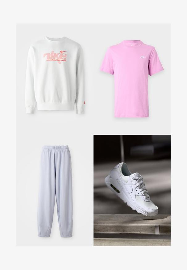 Valkoinen huppari, joka on valmistettu puuvillasekoituksesta. Siinä on suuri punainen "nike" -logo, jossa on pistekuvio sekä "International Sportswear" -teksti sen alla. Punainen Nike -swoosh hihassa.; Vaaleanvioletti Nike-paita lyhyillä hihoilla ja pyöreällä pääntiellä, jossa vasemman rinnan kohdalla pieni valkoinen Nike-logo valkoista taustaa vasten.; Vaaleanlaventelin väriset jogger-housut, jotka on valmistettu pehmeästä kankaasta ja joissa on joustava vyötärö ja rypistetyt nilkat. Sivulla on hienovarainen brändäys.; Valkoiset Nike Air Max 90 -lenkkarit, joissa on verkko- ja nahkapinta, rei'itetty kärki ja näkyvä ilmayksikkö kantapäässä.
