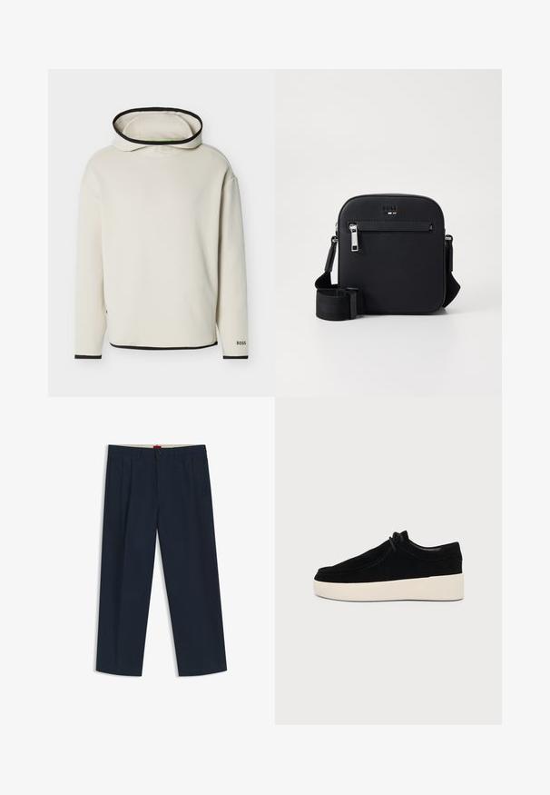 Sweat à capuche couleur blanc cassé avec bordure noire sur la capuche, les poignets et l'ourlet, manches longues et logo "BOSS" sur le poignet de la manche gauche.; Pantalon large bleu marine foncé avec passants pour ceinture, fermeture à bouton et zip à l'avant, et poches latérales, présenté sur fond blanc.; Chaussure décontractée noire en daim à lacets avec semelle en caoutchouc blanche épaisse, vue de côté sur fond gris clair uni.; Sac bandoulière en cuir noir avec une texture lisse, doté d'une poche zippée à l'avant, d'une sangle réglable et d'un design carré élégant.