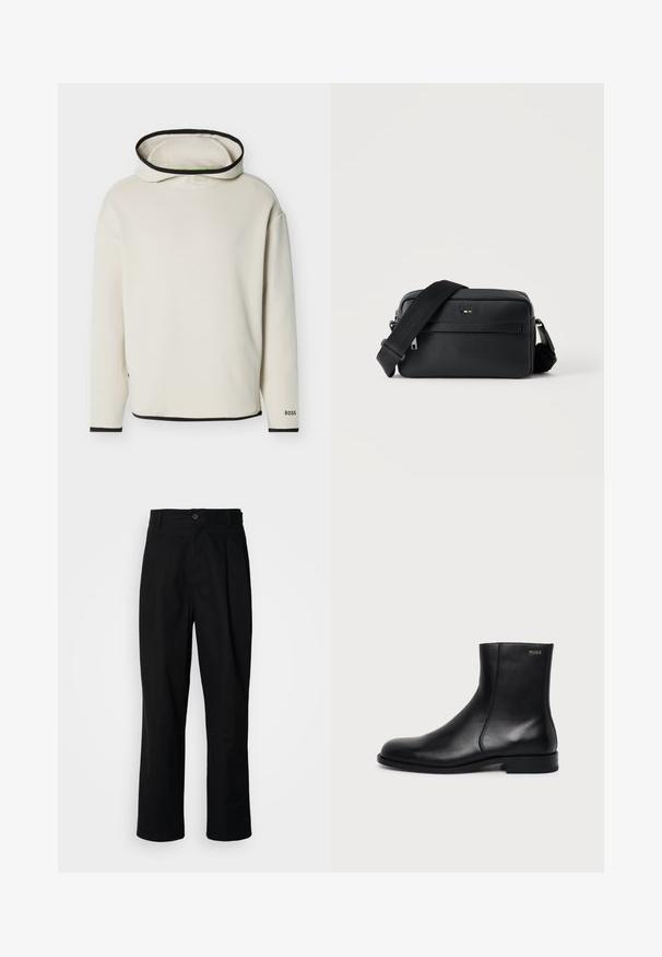 Sweat à capuche couleur blanc cassé avec bordure noire sur la capuche, les poignets et l'ourlet, manches longues et logo "BOSS" sur le poignet de la manche gauche.; Pantalons noirs à jambes droites avec une taille à bouton, passants de ceinture et pli avant, présentés sur un fond blanc uni.; Bottine en cuir noir à talon bas, couture latérale et petit logo "HUGO" sur le revers supérieur sur un fond uni.; Sac bandoulière en cuir noir texturé avec poche avant zippée et bandoulière large en tissu réglable sur fond blanc.