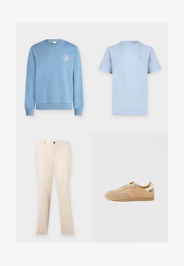 Sweat-shirt bleu clair à col rond avec poignets et ourlet côtelés, avec un petit texte blanc "LES DEUX" et un dessin sur la poitrine gauche.; T-shirt bleu clair à manches courtes et col rond avec un petit détail de cœur brodé sur la poitrine gauche et une étiquette Sandro au col.; Pantalon beige à jambes droites avec passants de ceinture, bouton avant et fermeture éclair, présenté sur un fond clair uni.; Baskets en daim beige avec des détails perforés, des lacets crème et une semelle texturée marron clair, avec un accent de couleur contrastante au talon.
