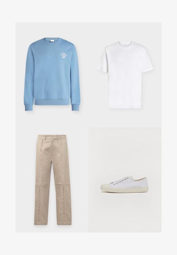 Sweat-shirt bleu clair à col rond avec poignets et ourlet côtelés, avec un petit texte blanc "LES DEUX" et un dessin sur la poitrine gauche.; T-shirt blanc uni à manches courtes et col rond avec un logo embossé subtil sur la partie supérieure gauche de la poitrine, présenté sur fond blanc.; Pantalons beiges à coupe droite, avec des rayures latérales en sequins or rose et de subtils détails cousus sur les jambes.; Baskets en toile blanches avec bout rond, semelle plate en caoutchouc crème, six oeillets pour les lacets et détails de couture subtils sur la tige.