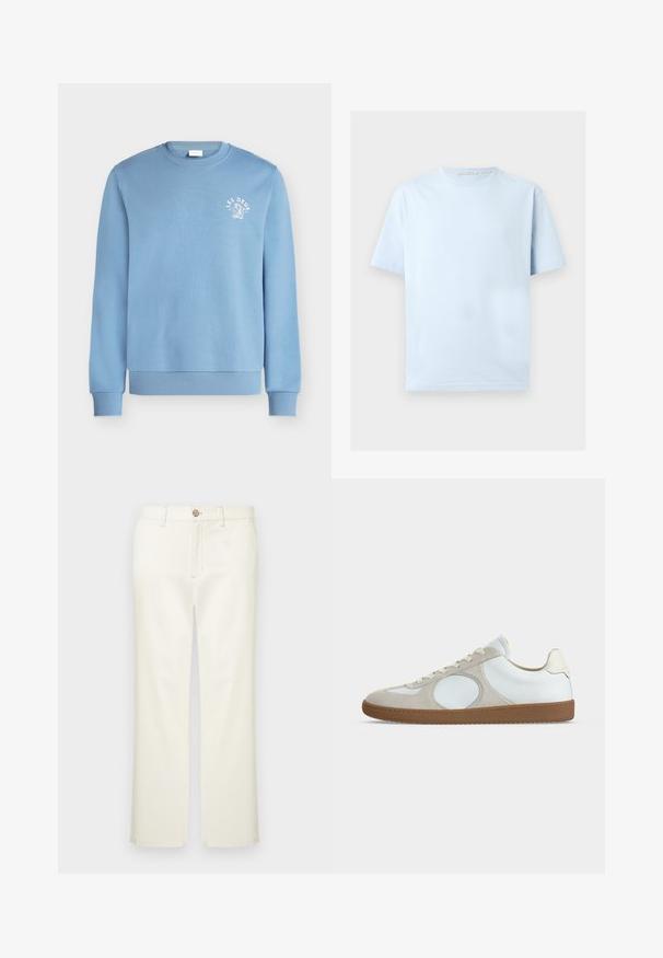 Sweat-shirt bleu clair à col rond avec poignets et ourlet côtelés, avec un petit texte blanc "LES DEUX" et un dessin sur la poitrine gauche.; T-shirt bleu clair à manches courtes et col rond avec un logo discret "Tiger of Sweden" sur la poitrine gauche et une étiquette à l'intérieur du col.; Pantalon en coton beige à coupe droite, avec poches avant, fermeture par bouton et détails de couture subtils.; Baskets décontractées à profil bas avec tige en cuir blanc, accents en daim beige clair, bout rond, lacets blancs et semelle en gomme.