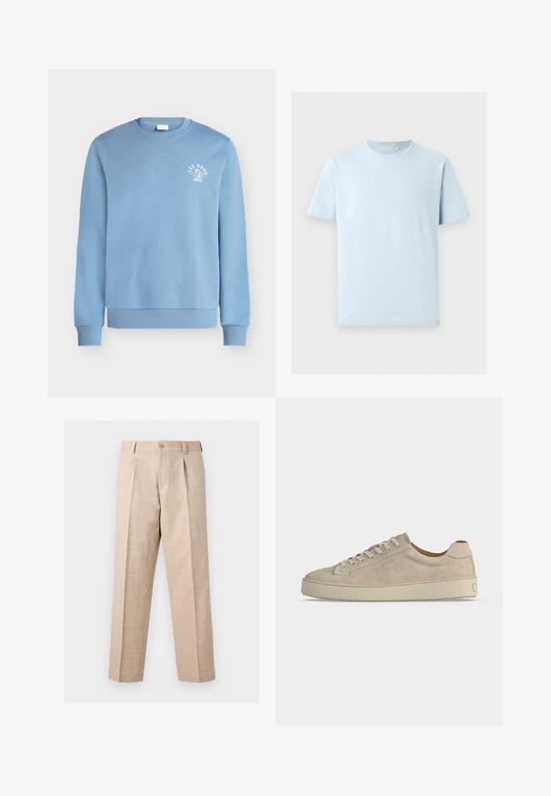 Sweat-shirt bleu clair à col rond avec poignets et ourlet côtelés, avec un petit texte blanc "LES DEUX" et un dessin sur la poitrine gauche.; T-shirt en coton bleu clair à manches courtes avec un col rond et un ourlet droit, présenté sur un fond clair uni.; Pantalon beige à jambes droites avec plis, fermeture par bouton, passants pour ceinture et coupe ajustée.; Baskets basses beiges en daim avec fermeture lacée et semelle épaisse en caoutchouc, vues de profil sur fond blanc uni.