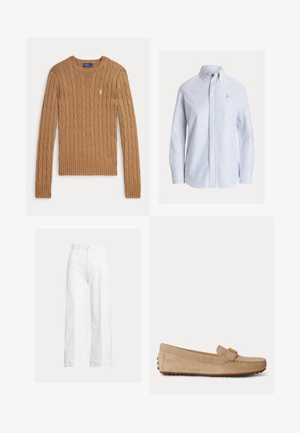Pull en maille torsadée couleur chameau avec manches longues, poignets et ourlet côtelés. Présente un petit logo brodé sur la poitrine.; Chemise blanche boutonnée avec des rayures verticales bleu clair, col boutonné et petit logo brodé sur la poitrine gauche.; Pantalon blanc à jambes larges en coton, avec une taille haute, une fermeture par boutons et de fines plis discrets courant à l'avant.; Mocassin beige en daim à enfiler avec des détails cousus, une boucle en métal doré sur le dessus et une semelle en caoutchouc avec des crampons antidérapants.