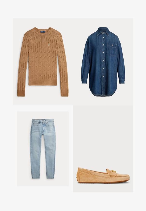 Pull en maille torsadée couleur chameau avec manches longues, poignets et ourlet côtelés. Présente un petit logo brodé sur la poitrine.; Chemise en jean bleu à manches longues avec boutonnière, poche poitrine avec petit logo brodé et col classique.; Jean slim bleu clair avec poches avant, passants de ceinture et fermeture par bouton, posé à plat sur un fond blanc.; Mocassins en daim tan avec un bout arrondi, dotés d'une sangle accent en ton or et d'une semelle extérieure en caoutchouc à picots pour une traction. Texture lisse.