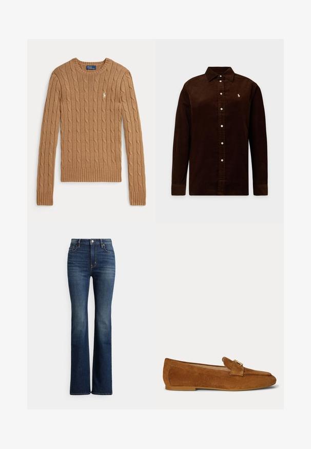 Kameelkleurige kabelgebreide trui met lange mouwen, geribbelde manchetten en zoom. Heeft een klein geborduurd logo op de borst.; Donkerbruine corduroy blouse met lange mouwen, knoopsluiting aan de voorkant en een klein geborduurd logo op de linkerbuste.; Donkerblauwe high-waist bootcut jeans met knoopsluiting aan de voorkant en zakken, lichte vervaging op de dijen en knieën, weergegeven tegen een witte achtergrond.; Bruine suède platte loafer met een gouden metalen gespdetail bovenop en een lage hakzool.
