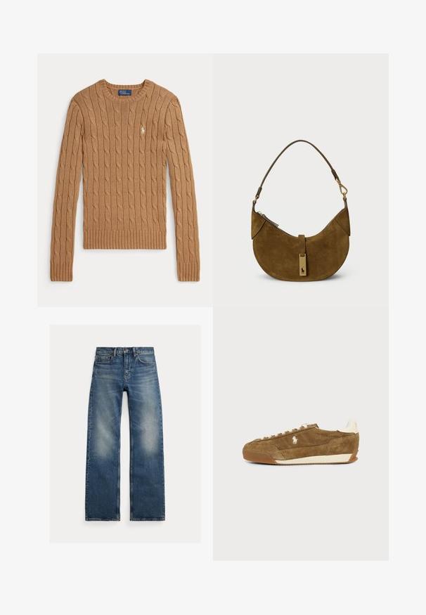 Kameelkleurige kabelgebreide trui met lange mouwen, geribbelde manchetten en zoom. Heeft een klein geborduurd logo op de borst.; Blauwe straight-leg jeans met vervaagde plekken op de dijen, vijfzakkenontwerp en knoopsluiting, plat liggend op een witte achtergrond.; Bruine suède lage sneaker met witte veters, beige zool en een klein wit paardenlogo aan de zijkant.; Bruine suedé handtas met een gebogen vorm, gouden hardware en een ritsluiting. Voorzien van een korte, verstelbare schouderriem.