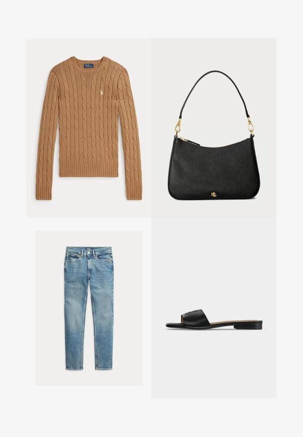 Kameelkleurige kabelgebreide trui met lange mouwen, geribbelde manchetten en zoom. Heeft een klein geborduurd logo op de borst.; Lichtblauwe slim-fit jeans met vijf zakken en knoopsluiting, plat gelegd op een witte achtergrond.; Zwarte platte slides met een brede leren band met een subtiel reliëflogo en een lage hak.; Zwarte leren handtas met een gestructureerd ontwerp, voorzien van een ritsluiting, een afneembare schouderband en gouden hardwareaccenten.