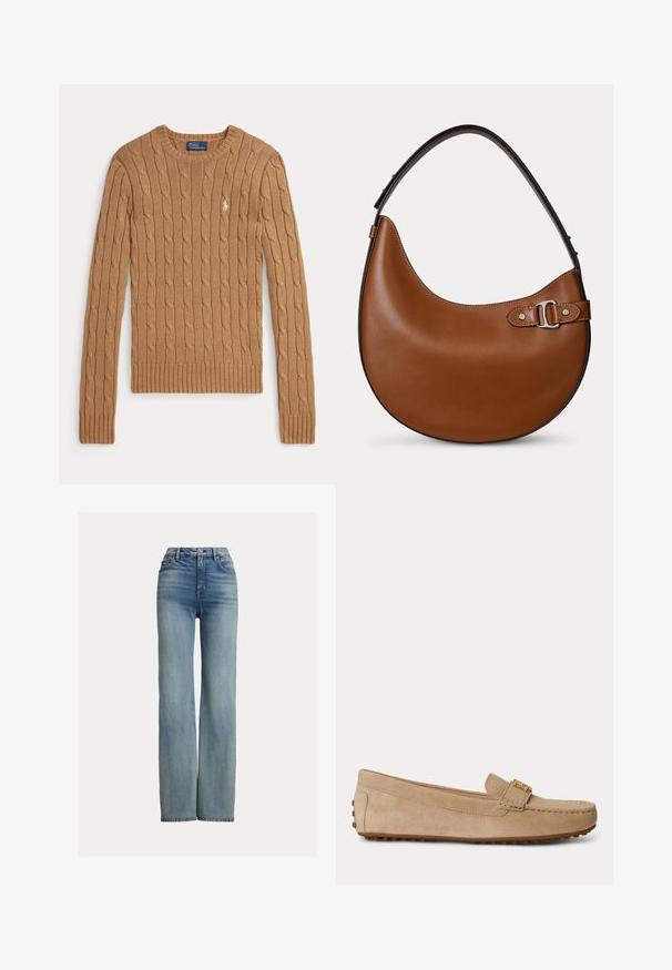 Camelfarvet kabelstrikket sweater med lange ærmer, ribstrikkede manchetter og kant. Har en lille broderet logo på brystet.; Højtaljede, lige ben blå jeans med forlommer, bæltestropper og knaplukning, der har subtile slidte detaljer.; Beige ruskind slip-on loafer med syninger, en guldfarvet metalspænde på toppen og en gummisål med grebstifter.; Brun læder håndtaske i halvmåneform med en tyk rem og sølvspænde på den ene side mod en ensartet lys baggrund.