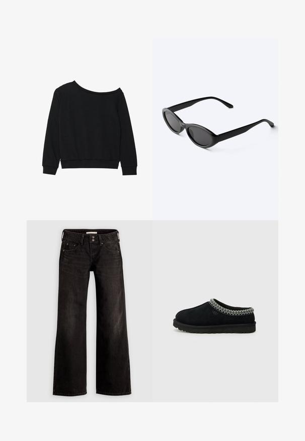 Zwarte off-shoulder sweatshirt met lange mouwen, geribbelde manchetten en tailleband in een zachte, lichtgewicht stof. Eenvoudig, onopgemaakte ontwerp.; Zwarte wijde jeans met een licht vervaagde afwerking, voorzien van voorzakken, een ritssluiting en een knoopsluiting. Gemaakt van denim stof.; Zwarte suede instappers hebben een gestructureerde, geweven accent langs de kraag en een zwarte rubberen zool met een patroonloopvlak.; Strakke zwarte ovale zonnebril met donkere glazen en rechte pootjes, rustend op een wit oppervlak.