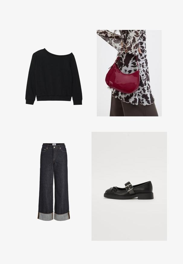Zwarte off-shoulder sweatshirt met lange mouwen, geribbelde manchetten en tailleband in een zachte, lichtgewicht stof. Eenvoudig, onopgemaakte ontwerp.; Donkerblauwe wijde jeans met omgeslagen zomen, vijf zakken en contrasterend gele stiksels.; Zwarte leren Mary Jane-schoen met een ronde neus, enkelband en details met zilveren gesp. Heeft een platte, chunkyzool en een strikaccent.; Vrouw met een zwart-wit gebloemde blouse houdt een glanzende rode schoudertas vast tegen een effen achtergrond.