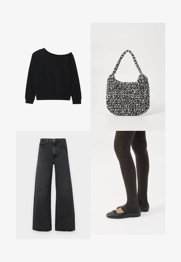 Zwarte off-shoulder sweatshirt met lange mouwen, geribbelde manchetten en tailleband in een zachte, lichtgewicht stof. Eenvoudig, onopgemaakte ontwerp.; Zwarte jeans met wijde pijpen, gemaakt van denim, voorzien van een hoge taille, knoopsluiting en een ontwerp met vijf zakken. Subtiele vervaging en whiskeringdetails.; Benen met donkere geribbelde leggings gecombineerd met zwarte ballerina's met kleine strikdetails op een witte achtergrond.; Geweven handtas in zwart en wit met een ronde vorm, gestructureerd oppervlak en een gevlochten handvat. Geschikt voor dagelijks gebruik.