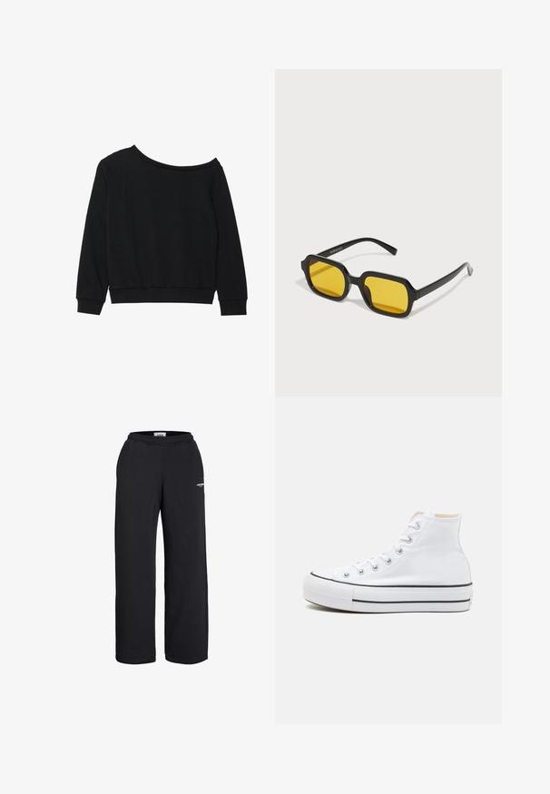 Zwarte off-shoulder sweatshirt met lange mouwen, geribbelde manchetten en tailleband in een zachte, lichtgewicht stof. Eenvoudig, onopgemaakte ontwerp.; Zwarte sweatpants met rechte pijpen, elastische tailleband en een klein wit logo op de bovenkant van het bovenbeen, ontworpen voor vrijetijdskleding.; Witte hoge sneakers van canvasmateriaal, zwarte rubberen zool en contrasterende zwarte streep op de tussenzool. Circulaire neus en vetersluiting.; Zwarte rechthoekige zonnebril met gele lenzen. Kenmerken zijn onder andere dikke monturen en een hoekig ontwerp met een gladde, glanzende afwerking.