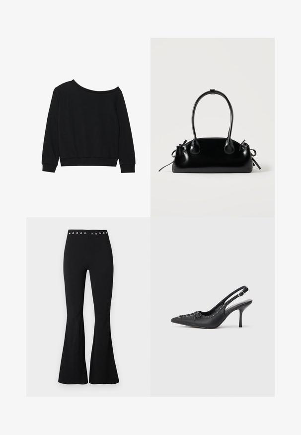 Zwarte off-shoulder sweatshirt met lange mouwen, geribbelde manchetten en tailleband in een zachte, lichtgewicht stof. Eenvoudig, onopgemaakte ontwerp.; Zwarte, hooggetailleerde strakke broek met metalen oogjes op de tailleband en uitlopende pijpen.; Zwarte leren slingback stiletto met spitse neus, zijgesp met gesp, studs langs de rand en decoratieve veters aan de voorkant.; Kleine zwarte glanzende handtas met twee lange hengsels en zijkant trekkoord details op een effen lichte achtergrond.