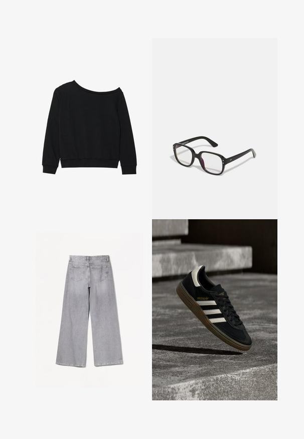 Sweatshirt noir dégageant les épaules, avec des manches longues, des poignets et une taille côtelés en tissu doux et léger. Design simple et sans ornements.; Jean large gris à taille haute, avec une texture lisse, deux poches arrière et des détails de couture subtils.; Baskets Adidas noires avec des bandes blanches et une semelle en gomme flottant au-dessus d'escaliers en béton gris sous une lumière naturelle.; Lunettes noires rectangulaires avec des verres transparents, présentant des bords arrondis et des accents sur les côtés, avec une finition brillante sur la monture et les branches.
