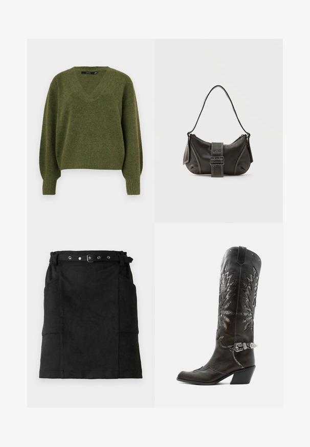 Vero Moda Knitted VMBOOM Knitted - Πουλόβερ - cypress; Μαύρη σουέτ φούστα με εφαρμοστό σχήμα, διαθέτει θηλιές ζώνης, πόρπη και δύο πλαϊνές τσέπες. Λείο υλικό, σχέδιο μέχρι το γόνατο.; Μαύρη δερμάτινη καουμπόικη μπότα με διακοσμητικές περικοπές, ασημένια πόρπη και κεκλιμένο τακούνι, εμφανιζόμενη σε λευκό φόντο.; Μαύρη δερμάτινη τσάντα ώμου με λεπτομέρεια ιμάντα με πόρπη, καμπυλωτές άκρες και αντίθετη λευκή ραφή σε απλό φόντο.