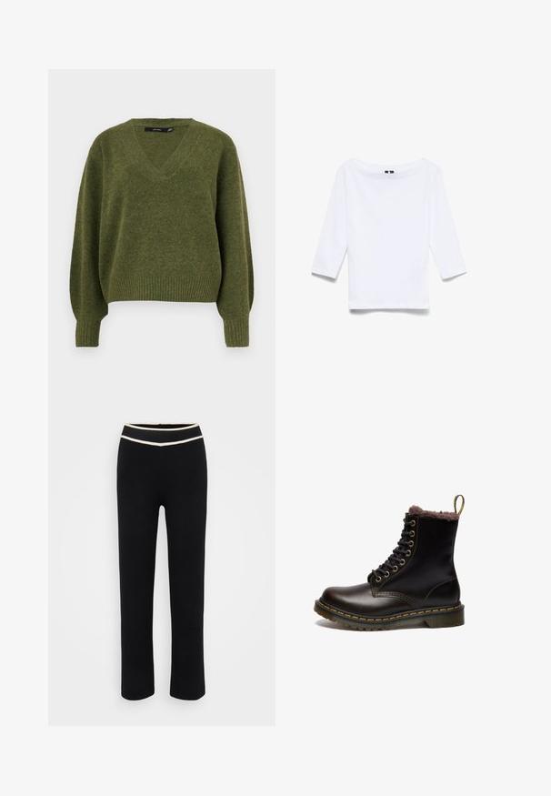 Vero Moda Knitted VMBOOM Knitted - Jersey de punto - cypress; Camisa blanca de manga tres cuartos hecha de una mezcla de algodón; presenta un amplio escote barco y una textura suave y ligera.; Pantalones negros con un diseño ajustado, hechos de tela suave. Cuentan con una cintura de contraste en color crema y un corte recto. Sin patrones ni acentos.; Botín negro de cuero hasta el tobillo con forro de piel de fur, puntera redonda, parte delantera con cordones, ojales dorados y costura amarilla a lo largo de la suela y el borde.