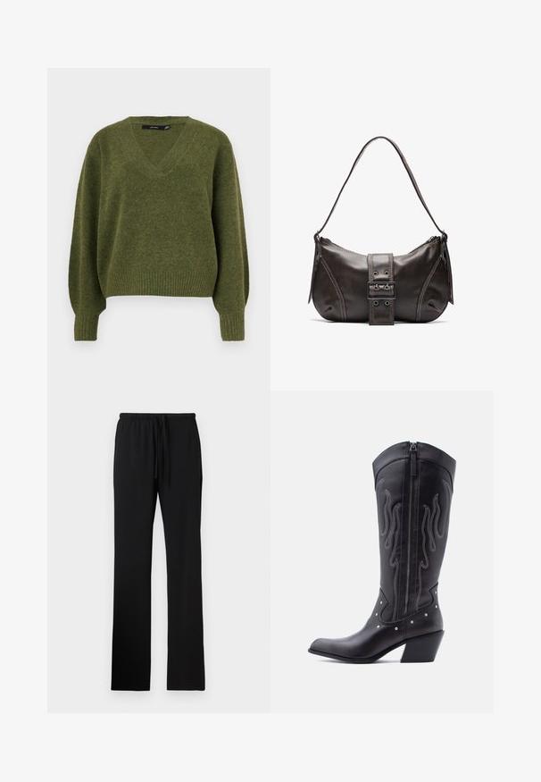 Vero Moda Knitted VMBOOM Knitted - Πουλόβερ - cypress; Μαύρο παντελόνι με ελαστική μέση και κορδόνι, με απαλό ύφασμα και ίσια, μακριά παντελόνια χωρίς τσέπες.; Μαύρα δερμάτινα καουμπόικα μποτάκια με μυτερή μύτη, εμφανείς ραφές, ασημένιες τρούκ λεπτώσεις και φερμουάρ στο εσωτερικό μέρος.; Καφέ δερμάτινη τσάντα ώμου με καμπύλη μορφή, που διαθέτει έντονη διάκοσμηση από κούμπωμα, αντίθετη ραφή και μία μόνο λουρί ώμου.