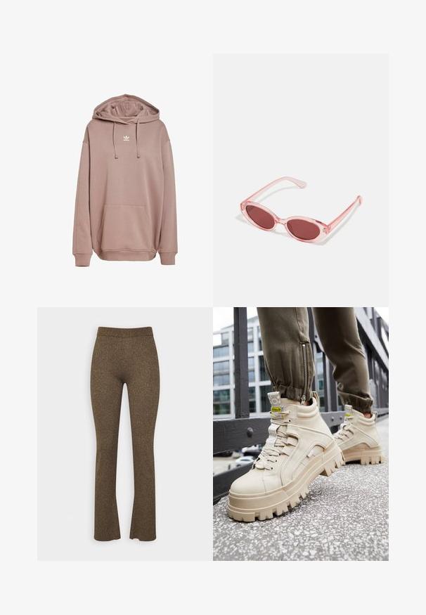 Pehmeast materjalist tuulega kapuutsiga roosakas pullover. Omab eesmist taskut, reguleeritavat kapuutsi ja valget logo rinnal.; Stylein PEARLY TROUSERS - Püksid - bronze/gold; Beezhi kõrged spordijalatsid, millel on paks ja tekstureeritud tald, paeltega kinnitamine ja kollased aktsent sildid. Tekstureeritud nahk peal, kontrastsete õmblustega.; Roosa läbipaistvusega prillid ovaalsete läätsedega, tumepunase varjundiga ja peenikeste varsidega, millel on sile viimistlus ja peened detailid raamile.