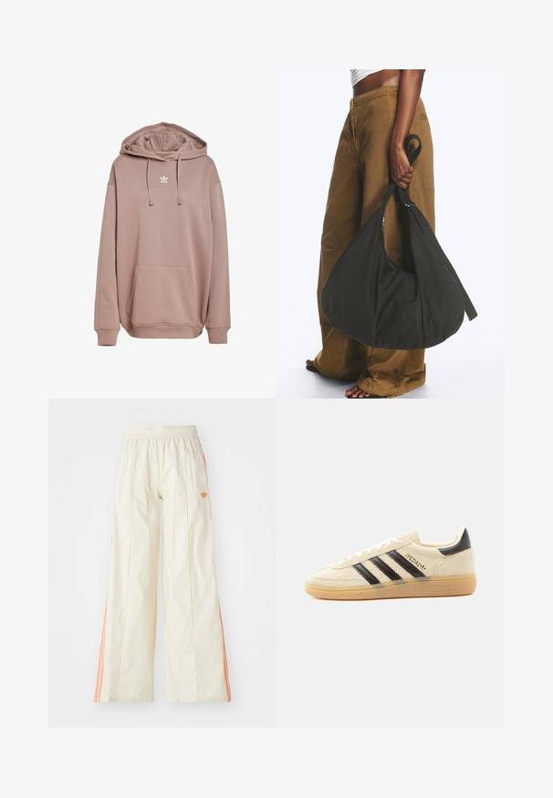 Pehmeast materjalist tuulega kapuutsiga roosakas pullover. Omab eesmist taskut, reguleeritavat kapuutsi ja valget logo rinnal.; Kreemjas värvi laiade jalgadega püksid, millel on elastne vöökoht, oranžid küljeribad ja väike oranž logo ees.; Kreemjas seemisnahast toss mustade triipude, kummist tallaga, musta kannatabiga ja kuldse sõnaga „SPEZIAL“ küljel.; Isik kannab pruune laia säärega pükse ja valget topi, hoides oma külje peal suurt musta pehmet käekotti sangast kinni.