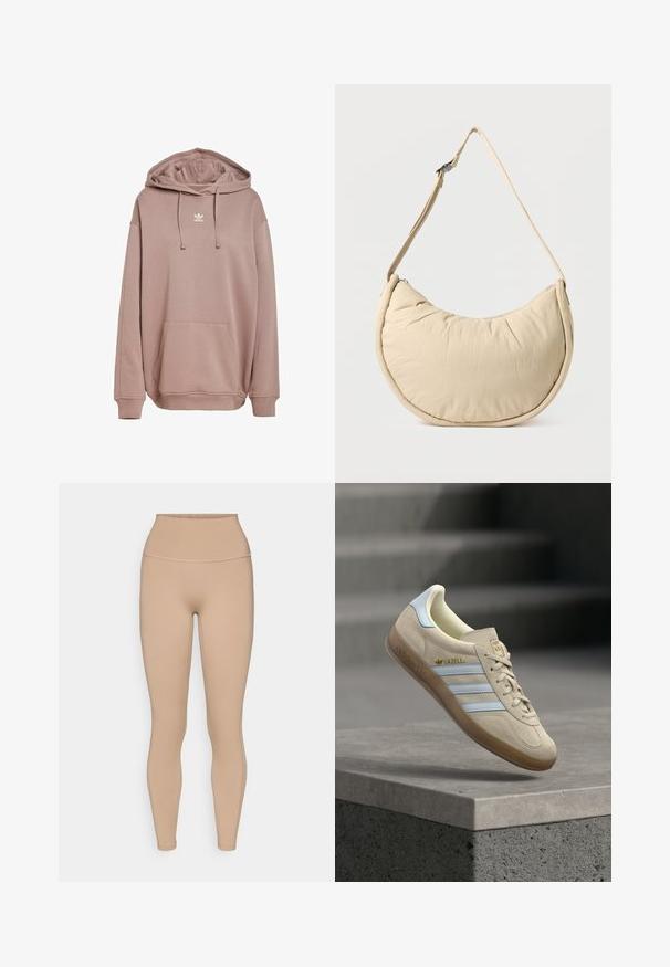 Pehmeast materjalist tuulega kapuutsiga roosakas pullover. Omab eesmist taskut, reguleeritavat kapuutsi ja valget logo rinnal.; adidas Performance ALL ME SCULPT - Retuusid - chalky brown; Beeži värvusega seemisnahast spordijalats koos helesiniste triipudega, kummist tallaga, kuldse "Gazelle" logoga ja klassikalise paelaga sidumisega, hallil pinnal.; Beež poolkuukujuline õlakott pehme, polsterdatud tekstuuriga. Varustatud reguleeritava rihma ja peal serval oleva tõmblukuga.