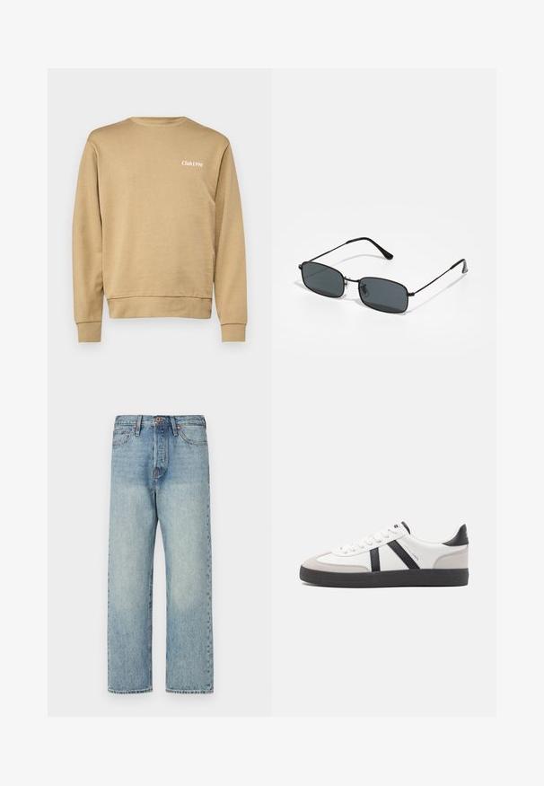 Sweatshirt beige avec col rond et poignets côtelés, arborant un discret texte "Club1990" en blanc sur la zone du côté gauche de la poitrine. Texturé lisse.; Jeans en denim bleu clair avec une coupe droite, cinq poches et des détails en bronze. Légère décoloration avec une finition propre.; Baskets blanches avec des accents noirs et gris, présentant un embout texturé gris, une semelle en caoutchouc noir et des lacets plats blancs. Design épuré, style minimaliste.; Lunettes de soleil rectangulaires noires avec une fine monture en métal et des verres foncés reposant sur une surface blanche.