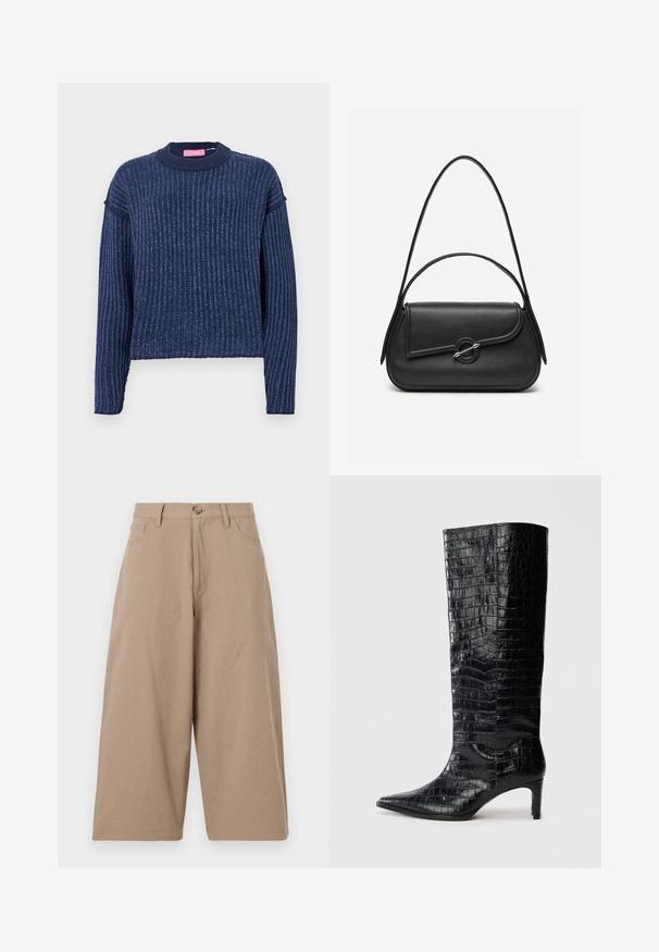 Pull en tricot bleu marine avec une texture côtelée, des manches longues et un col rond. Présente une subtile variation de couleur.; Pantalons larges kaki en coton, dotés d'une taille haute, de poches frontales et d'une fermeture à bouton unique. Texture lisse et coupe droite.; Bottes noires montantes, avec une texture brillante à motif crocodile, bout pointu et talon effilé. Matériau synthétique lisse.; Sac à main en cuir noir avec bords arrondis, rabat asymétrique, fermoir circulaire en métal, et des bandoulières courtes et longues.