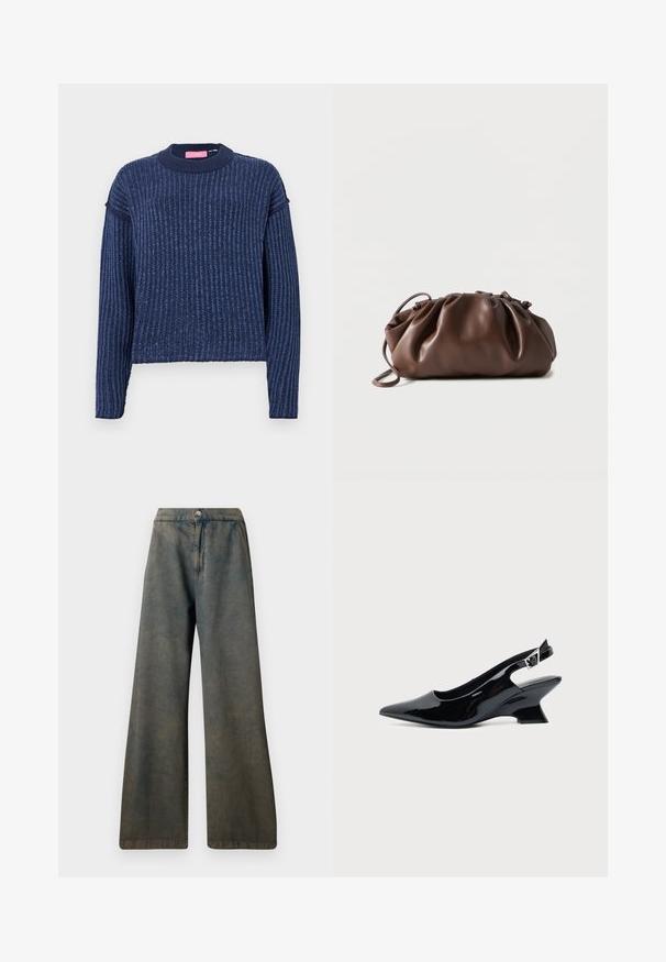 Pull en tricot bleu marine avec une texture côtelée, des manches longues et un col rond. Présente une subtile variation de couleur.; Jean large bleu foncé à taille haute, avec une fermeture à bouton sur le devant et une texture subtile. Le tissu semble légèrement délavé.; Chaussure slingback en cuir verni noir avec bout pointu et petit talon bloc incliné sur fond clair uni.; Sacoche en cuir marron doux avec un haut froncé et une fine bandoulière, posée sur un fond blanc.