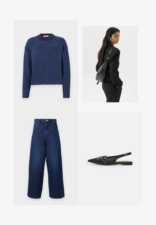 Navyblauwe gebreide trui met een geribbelde textuur, lange mouwen en een ronde halslijn. Heeft een subtiele kleurvariatie doorheen.; Wijdvallende donkerblauwe denim jeans met een hoge taille, vijf zakken en een knoopsluiting. De stof heeft een gladde textuur met subtiele vervaging.; Zwarte leren slingback ballerina met spitse neus, voorzien van twee horizontale bandjes en vierkante zilveren gespen, lage hak en een gladde textuur.; Vrouw met lang donker haar in een zwart pak, met een zwart leren schoudertas, die over haar schouder kijkt tegen een witte achtergrond.