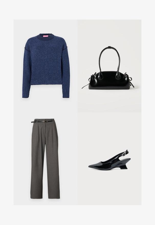 Pull en tricot bleu marine avec une texture côtelée, des manches longues et un col rond. Présente une subtile variation de couleur.; Pantalon gris taille haute avec plis et poches latérales, stylisé d'une fine ceinture noire avec une boucle ronde dorée.; Chaussure slingback en cuir verni noir avec bout pointu et petit talon bloc incliné sur fond clair uni.; Petit sac à main noir brillant avec deux longues anses et des détails à cordon sur les côtés sur un fond clair uni.