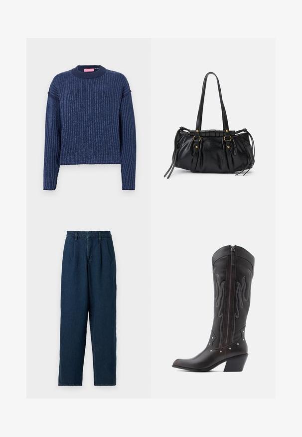 Marineblå, strikket sweater med ribbet tekstur, lange ærmer og rund halsudskæring. Har en subtil farvevariation gennem hele materialet.; Good American PLEATED TROUSER - Wide leg - indigo; Brune læder cowboystøvler med flammebroderi, sidelukning med lynlås, sølvnitter, spids snude og lagdelt hæl.; Sort læderhåndtaske med rund form, dobbelte hanke, dekorative hardware-detaljer og snøre på siden. Glat, blank overflade.