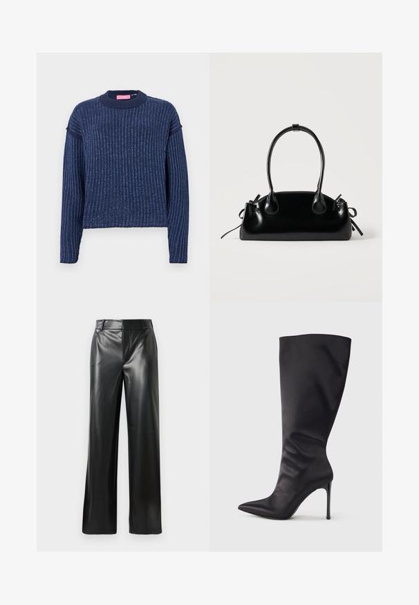 Pull en tricot bleu marine avec une texture côtelée, des manches longues et un col rond. Présente une subtile variation de couleur.; Pantalons large en cuir noir avec une texture lisse, dotés d'une taille mi-haute et de légères plis sur le devant.; Botte noire haute jusqu'aux genoux en cuir verni lisse et élégant ; bout pointu ; ajustée avec un léger froncé près de la cheville ; talon brillant.; Petit sac à main noir brillant avec deux longues anses et des détails à cordon sur les côtés sur un fond clair uni.