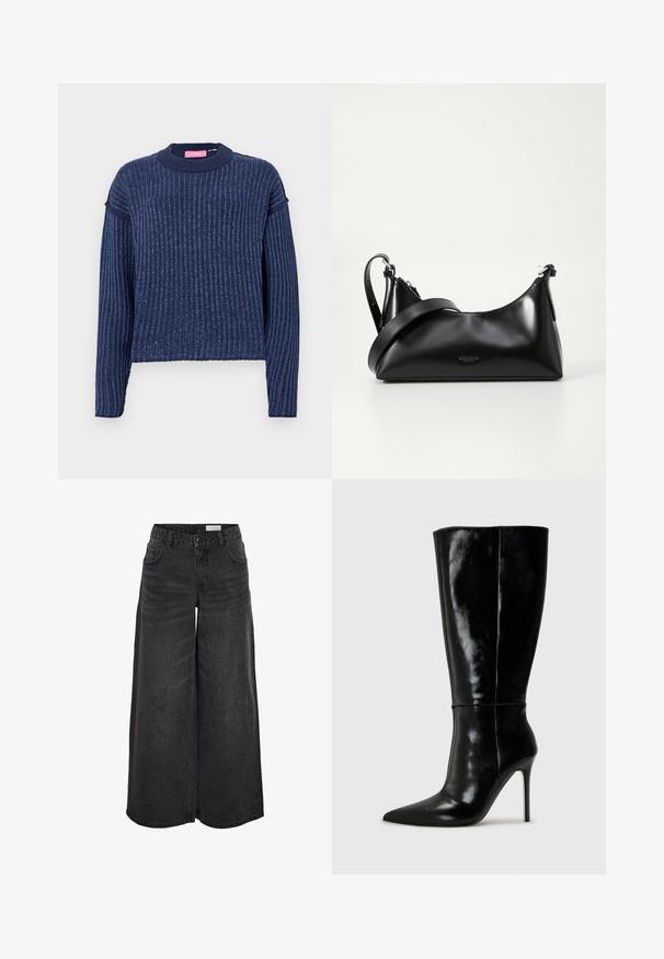 Pull en tricot bleu marine avec une texture côtelée, des manches longues et un col rond. Présente une subtile variation de couleur.; Pantalons en denim noir à jambes larges avec taille haute, poches avant et texture subtile ; conçus pour un ajustement décontracté.; Bottes noires en cuir, hautes jusqu'au genou, avec un bout pointu et un talon aiguille haut. Texture lisse et design épuré, avec un minimum de détails.; Sac à main en cuir noir avec une texture lisse. Dispose d'une bandoulière adjustable et d'un design élégant et minimaliste avec une fermeture éclair.