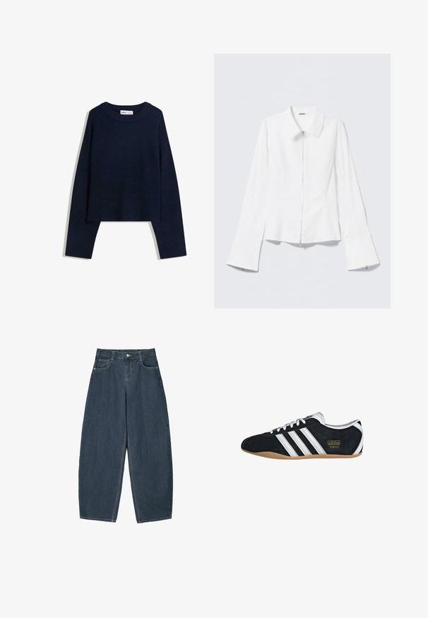 Pull bleu marine fabriqué en matériau doux, avec un col rond, des manches longues et un ourlet et des poignets côtelés, au design cropped.; Chemise blanche à manches longues avec un col à revers et une fermeture éclair sur le devant. Elle présente des poignets évasés et une texture lisse en mélange de coton.; Jeans en denim bleu foncé à jambes larges avec une taille haute, dotés de cinq poches et de détails de couture visibles. Design épuré et minimal.; Sneakers en suede noir avec trois bandes blanches, logo doré et semelle en caoutchouc marron. Présente un design à lacets à profil bas.