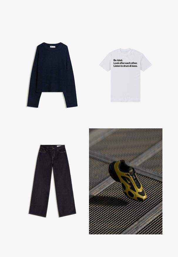 Mørkeblå sweater lavet af blødt materiale, med en rund halsudskæring, lange ærmer og ribbede kanter ved nedre del og håndled, samt et cropped design.; Henry Tiger T-shirts print - white; Mørkeblå jeans med vide ben, forlommer, bæltestropper og kontrastsyninger, lagt fladt på en hvid baggrund.; Nike sneakers har en overdel i sort mesh med gule accenter, tekstureret design og en karakteristisk sål med udskæringer, hævet over en metaloverflade.