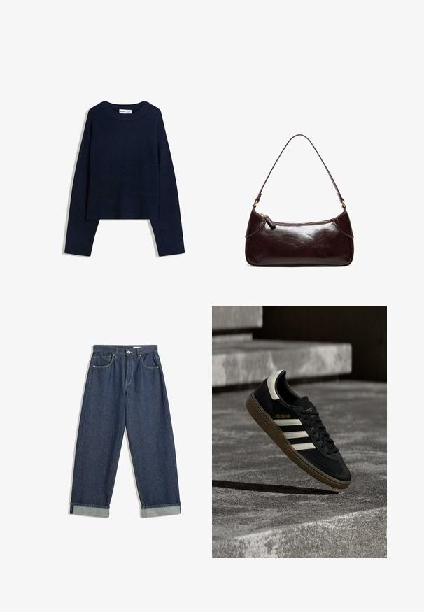 Mørkeblå sweater lavet af blødt materiale, med en rund halsudskæring, lange ærmer og ribbede kanter ved nedre del og håndled, samt et cropped design.; Mørkeblå, vide denimbukser med foldede manchetter, frontknap og lynlås, bæltestropper og fem lommer.; Sort Adidas-sneaker med hvide striber og gummisåler, svævende over grå betontrapper i naturligt lys.; Mørkebrun skuldertaske i læder med en enkelt rem og lynlås, rektangulær form med afrundede kanter på hvid baggrund.