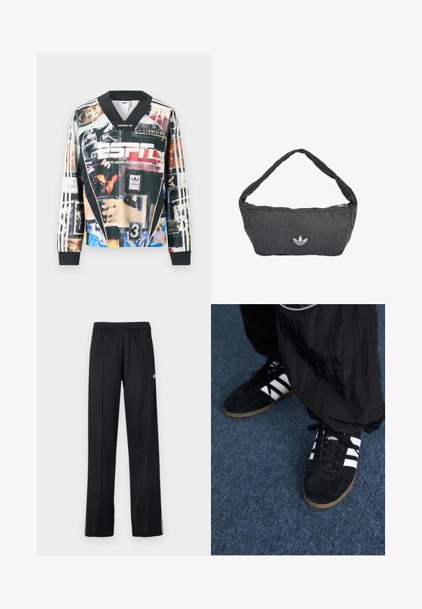 Adidas sportshirt met lange mouwen en een collage van vintage sportafbeeldingen, het ESPN-logo en de tekst "There's no place like sports".; Zwarte atletische broek met elastische tailleband, zijritszakken, witte strepen op de onderbenen en een klein wit logo aan de zijkant.; Zwarte suède sportschoenen met drie witte strepen en zwarte veters. Een gestructureerde zwarte broek is deels zichtbaar naast de schoenen.; Donkere grijze schoudertas van getextureerde stof, met een ritssluiting en een geborduurd logo aan de voorkant. Lange, gebogen schouderriem.