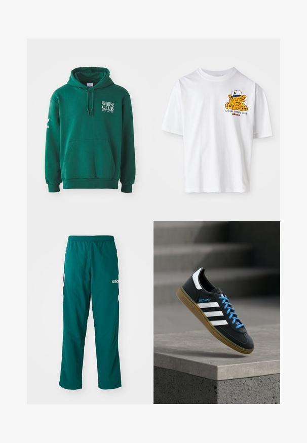 Grøn hættetrøje lavet af blødt stof, med en kengurulomme, snørehætte og hvid tekstbranding på brystet og ærmet.; Hvid bomulds t-shirt med korte ærmer, der har et gult cartoon leopard grafik med en kasket, teksten "CASUAL SPORTS CLUB" og Adidas-logo.; Grønne træningsbukser lavet af letvægtsstof, med elastisk talje, sidelommer og hvidt Adidas-logo på venstre side.; Sort Adidas sneaker med hvide striber, blå snørebånd og gummisål, der svæver over gråt betontrin i blødt lys.