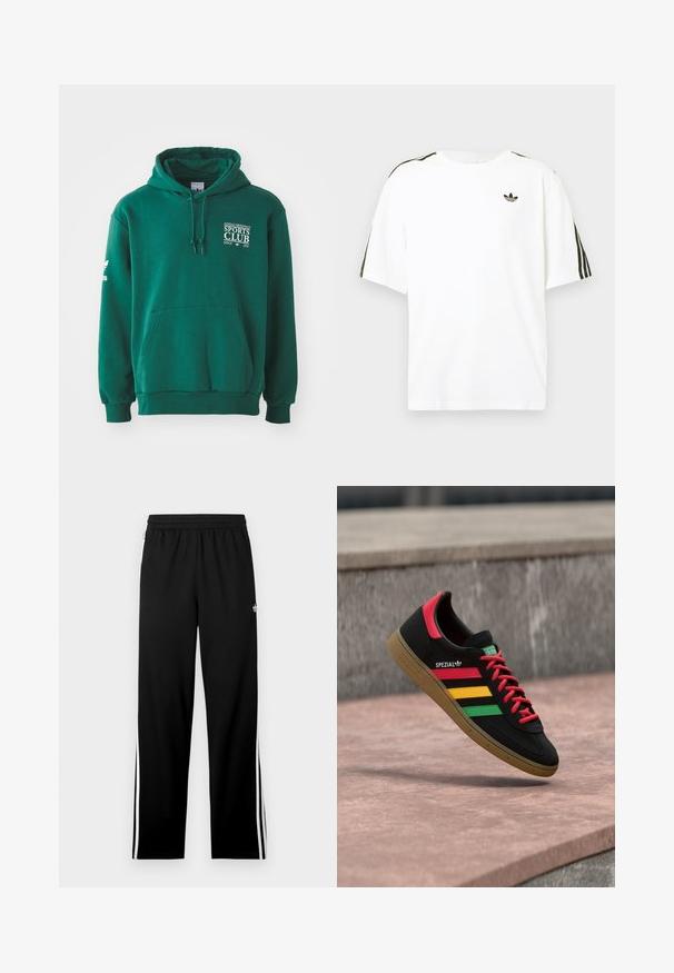 Grøn hættetrøje lavet af blødt stof, med en kengurulomme, snørehætte og hvid tekstbranding på brystet og ærmet.; Hvid bomuld t-shirt med korte ærmer, prydet med sorte tre-stribede detaljer på skuldrene og et lille sort logo på brystet.; Sorte atletikbukser lavet af mesh-stof med en lige skåret pasform, elastisk taljebånd og hvide striber i siden. Sportsslogo vist.; Sort Adidas Spezial-sneaker med røde, gule og grønne striber, røde snørebånd, gummisål og rødt hældetalje, vist svævende over fortovet.