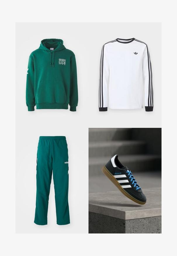 Zelená mikina z mäkkej látky, ktorá má klokanie vrecko, kapucňu so šnúrkami a biely text s logom na hrudi a rukáve.; Biele tričko Adidas s dlhým rukávom, čiernym okrúhlym výstrihom, čiernymi manžetami, tromi čiernymi pruhmi na rukávoch a čiernym logom trefoil na hrudi.; Zelené športové nohavice vyrobené z ľahkej tkaniny, s elastickým pásom, bočnými vreckami a bielym logom Adidas na ľavej strane.; Čierna teniska Adidas s bielymi pruhmi, modrými šnúrkami a gumovou podrážkou, ktorá sa vznáša nad sivým betónovým schodom v mäkkom svetle.