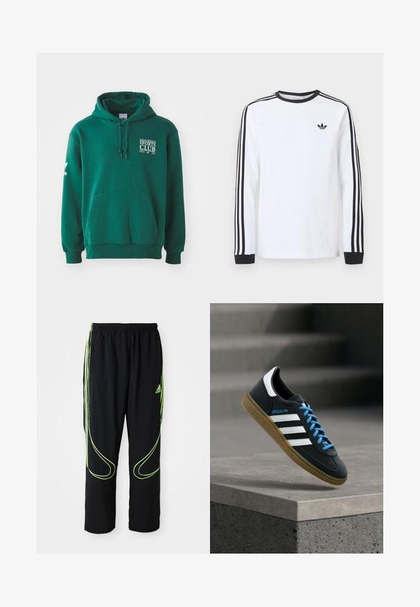 Zelená mikina z mäkkej látky, ktorá má klokanie vrecko, kapucňu so šnúrkami a biely text s logom na hrudi a rukáve.; Biele tričko Adidas s dlhým rukávom, čiernym okrúhlym výstrihom, čiernymi manžetami, tromi čiernymi pruhmi na rukávoch a čiernym logom trefoil na hrudi.; Čierne atletické nohavice Adidas s neonovo zelenými zakrivenými líniami a tromi pruhmi po stranách, elastickým pásom a logom Adidas na prednom stehne.; Čierna teniska Adidas s bielymi pruhmi, modrými šnúrkami a gumovou podrážkou, ktorá sa vznáša nad sivým betónovým schodom v mäkkom svetle.