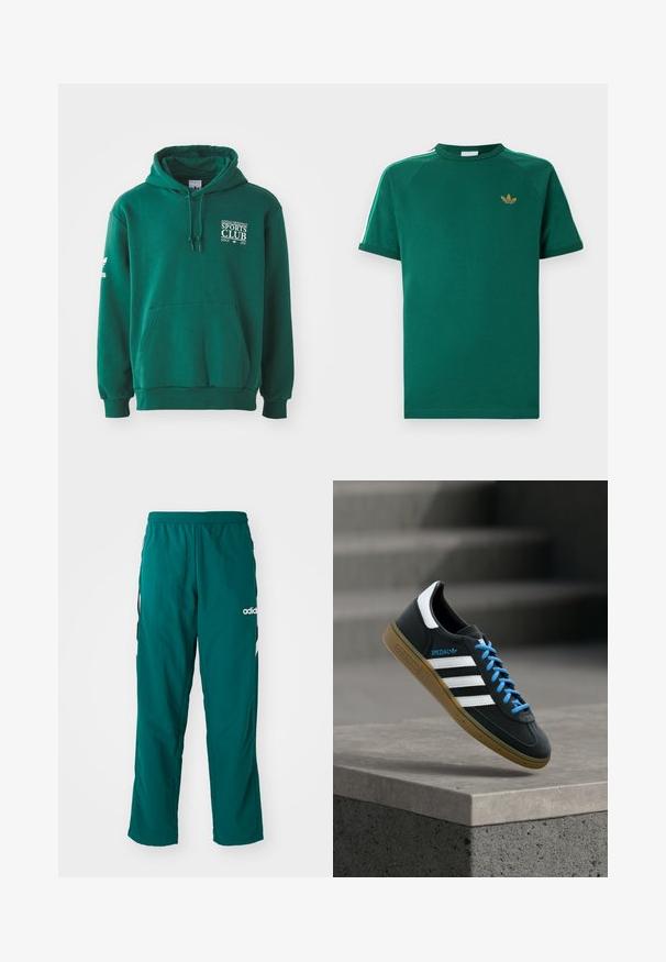 Zelená mikina z mäkkej látky, ktorá má klokanie vrecko, kapucňu so šnúrkami a biely text s logom na hrudi a rukáve.; Zelené tričko Adidas s krátkym rukávom a okrúhlym výstrihom, zlatým logom trelej lístka na hrudi a bielymi pruhmi so zelenými okrajmi na ramenách.; Zelené športové nohavice vyrobené z ľahkej tkaniny, s elastickým pásom, bočnými vreckami a bielym logom Adidas na ľavej strane.; Čierna teniska Adidas s bielymi pruhmi, modrými šnúrkami a gumovou podrážkou, ktorá sa vznáša nad sivým betónovým schodom v mäkkom svetle.