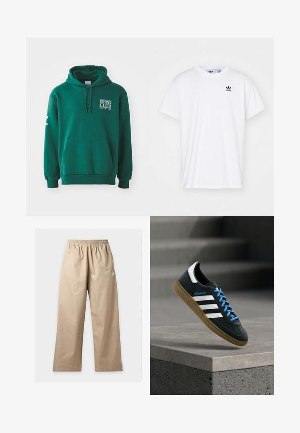 Sudadera verde hecha de tela suave, con un bolsillo canguro, capucha con cordón y un logotipo en texto blanco en el pecho y la manga.; Camiseta blanca de algodón con mangas cortas, escote redondo y un logo negro de Adidas con tres franjas en la zona del lado izquierdo del pecho.; Pantalones beige de pierna ancha con cintura elástica y pequeño logo blanco de Adidas en la parte superior del muslo izquierdo, mostrados sobre un fondo liso.; Zapatilla negra Adidas con franjas blancas, cordones azules y suela de goma flotando sobre un escalón de hormigón gris con luz suave.