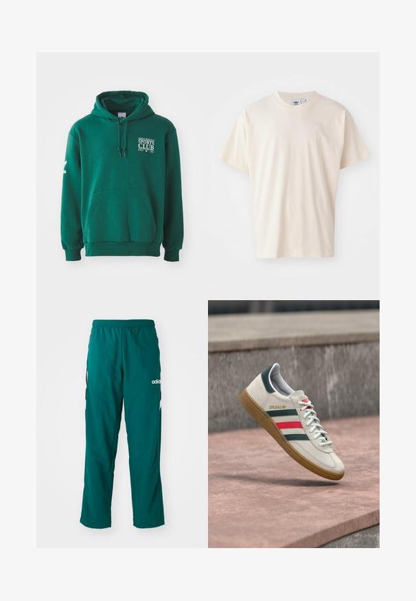Grüne Kapuzenjacke aus weichem Stoff, mit Kängurutasche, Zugbandkapuze und weißer Textmarkierung auf der Brust und dem Ärmel.; Cremfarbene Baumwoll-T-Shirt mit rundem Halsauschnitt und kurzen Ärmeln; verfügt über ein kleines, helles Logo auf der Brust.; Grüne Sporthose aus leichtem Material, mit elastischem Bund, seitlichen Taschen und weißem Adidas-Logo auf der linken Seite.; Weißer Adidas Sneaker mit grünen und roten Streifen, Gummisohle und "SPEZIAL"-Branding, der über einem Steinpflaster schwebt.
