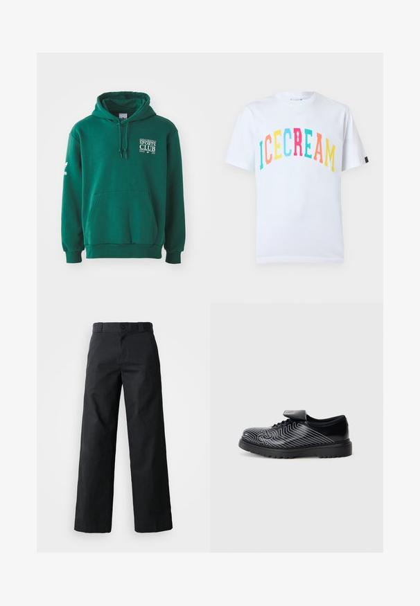 Grüne Kapuzenjacke aus weichem Stoff, mit Kängurutasche, Zugbandkapuze und weißer Textmarkierung auf der Brust und dem Ärmel.; Weißes Baumwoll-T-Shirt mit dem mehrfarbigen, verspielten Schriftzug "ICECREAM". Klassischer Rundhalsausschnitt und kurze Ärmel.; Schwarze weit geschnittene Baumwollhose. Verfügt über einen Knopfverschluss, Gürtelschlaufen und Seitentaschen. Glatte Textur mit tailliertem Schnitt.; Schwarzer Schuh mit glatter Oberfläche, der weiße Linienmuster, ein Schnürdesign und einen Klettverschluss aufweist. Dicke Gummisohle für Langlebigkeit.